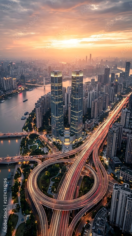 Obraz premium Aerial View of a Dense Modern City with Elevated Interchanges at Sunset.