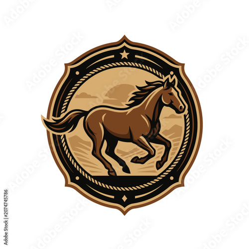 Brown horse galloping inside ornate circular vintage emblem.