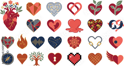 Creative Heart Icon Collection Vector Set Featuring Artistic Love Symbols, Romantic Valentine Designs, Floral Hearts, and Decorative Illustrations