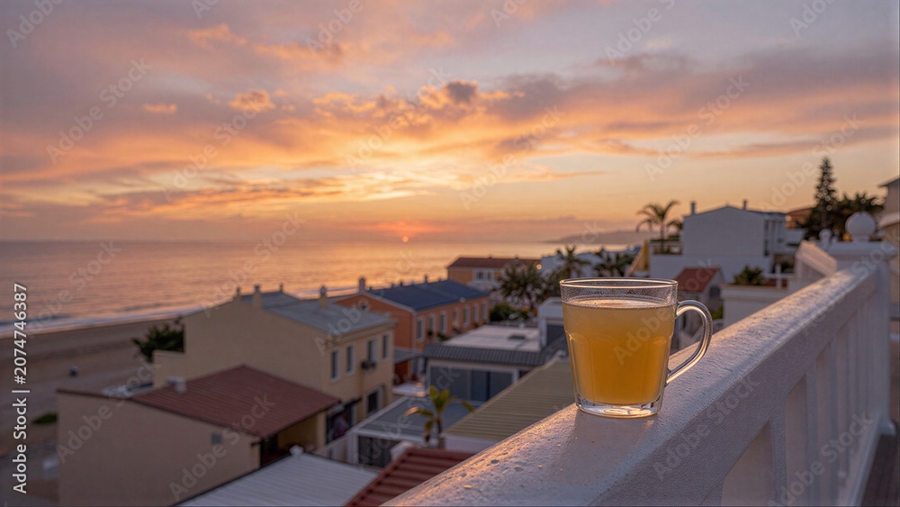 Fototapeta premium Sunset paints sky in warm hues above quiet residential buildings with tiled roofs.