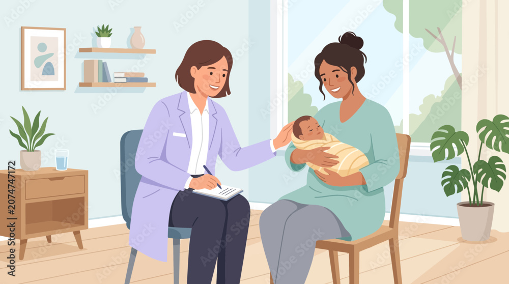 Obraz premium Pediatrician examining newborn baby with happy mother in consultation room