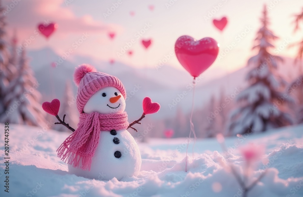 Obraz premium Cute pink snowman with heart accents in snowy landscape. Snowman wears knitted hat and scarf, holds heart. Heart shaped balloons float in winter sky.