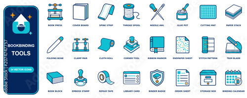Quadro su tela Bookbinding flat icon set - 24 vector line icons: book press, cover board, spine