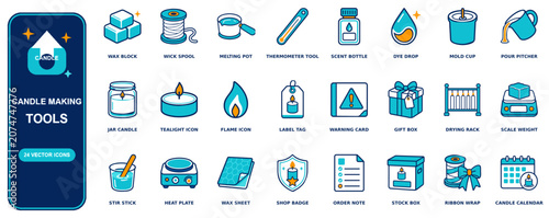 Canvastavla Candle Making flat icon set - 24 vector line icons: wax block, wick spool, melti