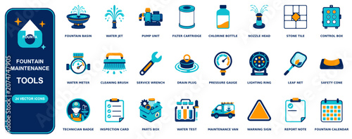 Fountain Maintenance flat icon set - 24 vector line icons: fountain basin, water jet, pump unit, filter cartridge, chlorine bottle, nozzle head, stone tile, control box, water meter