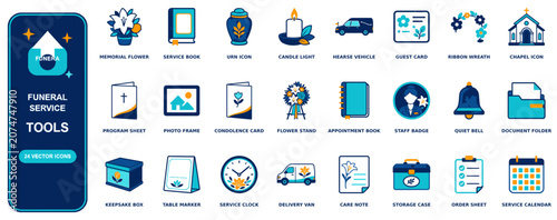 Foto Funeral Service flat icon set - 24 vector line icons: memorial flower, service b