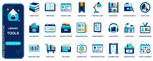 Library flat icon set - 24 vector line icons: book stack, open book, library card, bookmark, reading lamp, bookshelf, catalog search, quiet sign, return box, due date card, archive folder