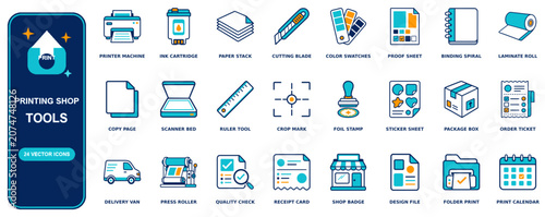 Printing Shop flat icon set - 24 vector line icons: printer machine, ink cartridge, paper stack, cutting blade, color swatches, proof sheet, binding spiral, laminate roll, copy page, scanner bed