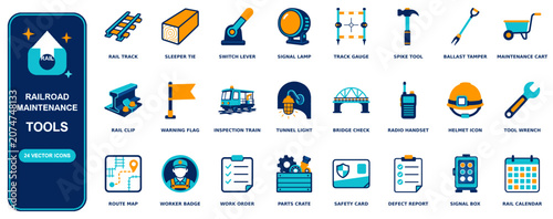 Tableau sur toile Railroad Maintenance flat icon set - 24 vector line icons: rail track, sleeper t
