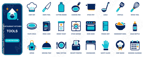 Restaurant Kitchen flat icon set - 24 vector line icons: chef hat, knife, cutting board, cooking pan, stock pot, ladle, spatula, whisk, plate stack, menu card, order ticket, stove burner