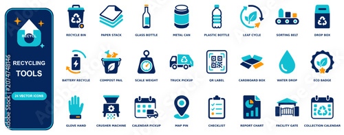 Recycling flat icon set - 24 vector line icons: recycle bin, paper stack, glass bottle, metal can, plastic bottle, leaf cycle, sorting belt, drop box, battery recycle, compost pail, scale weight