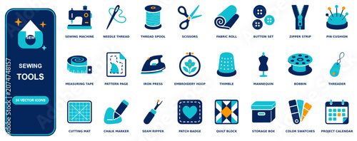 Obraz na płótnie Sewing flat icon set - 24 vector line icons: sewing machine, needle thread, thre