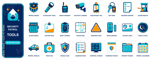 Security Patrol flat icon set - 24 vector line icons: patrol badge, flashlight, radio handset, security camera, checkpoint tag, key ring, incident report, guard booth, alarm panel, visitor pass