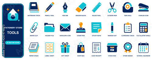 Foto Stationery Store flat icon set - 24 vector line icons: notebook stack, pencil, p