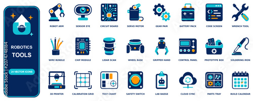 Robotics flat icon set - 24 vector line icons: robot arm, sensor eye, circuit board, servo motor, gear pair, battery pack, code screen, wrench, wire bundle, chip module, lidar scan, wheel base