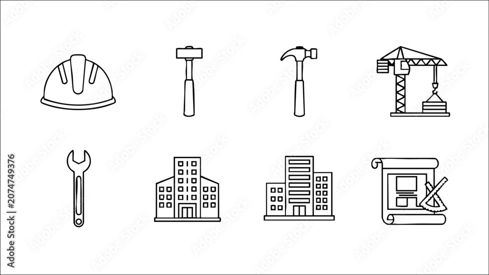 Fényképezés Construction Outline Icons – Building Tools & Engineering Vector Pack
