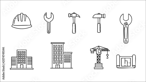 Fotografía Construction Outline Icons – Building Tools & Engineering Vector Pack
