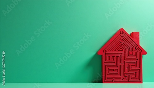 Red house shape filled with maze patterns stands on green backdrop. Symbolizes complex home design, creative projects, and navigating housing market challenges. Abstract art element.
