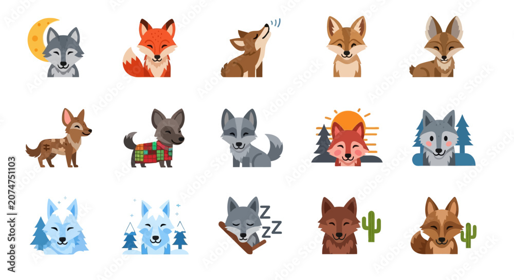 Naklejka premium Cute Pixel Art Wolves and Foxes Collection: Adorable Forest Animals in Various Poses