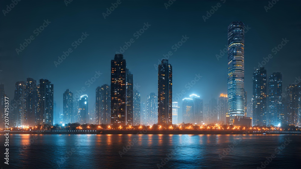 Obraz premium A stunning nighttime cityscape featuring illuminated skyscrapers reflecting on the calm water.