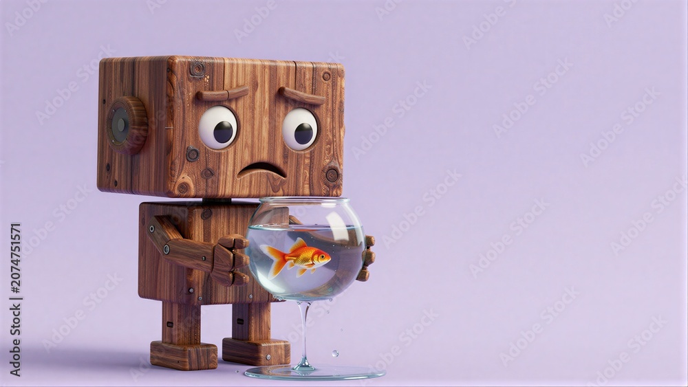 Naklejka premium Wooden robot holds fishbowl with leaking water, sad expression on face.