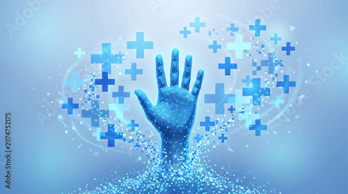 Abstract Digital Healthcare Concept Featuring Glowing Low Poly Human Hand With Medical Cross Symbols On Blue Background