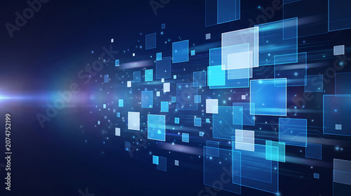 Abstract digital technology background with blue glowing squares representing high speed data transfer and futuristic network connectivity