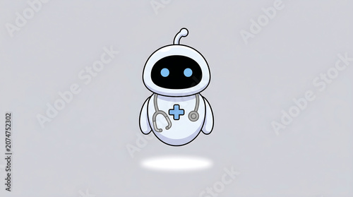 Cute cartoon medical robot assistant with stethoscope and cross symbol on chest isolated on grey background