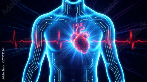 Digital glowing human silhouette showing red pixelated heart with neon pulse line representing advanced futuristic cardiology