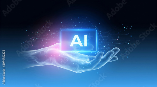 Ethereal digital hand holding glowing blue AI symbol with sparkling light particles for futuristic artificial intelligence