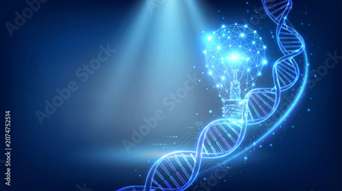 Glowing blue DNA double helix and light bulb symbolizing innovation in biotechnology genetics and advanced medical research
