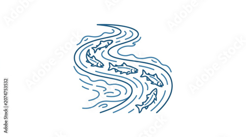 Stylized illustration of salmon swimming upstream in a river.