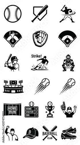 Baseball Icons Set: Ball, Bat, Player, Field, Stadium, Glove, Trophy