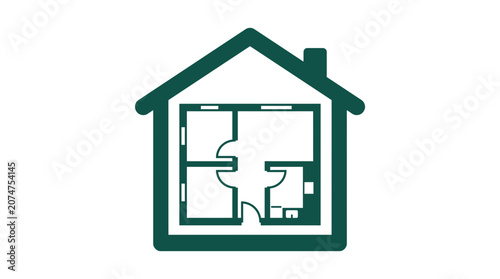Green house icon featuring internal architectural floor plan.