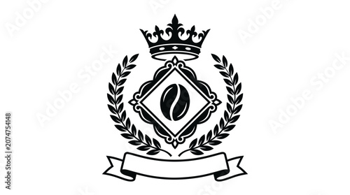 Gourmet coffee bean emblem with crown and wreath.