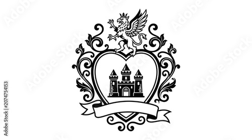 Griffin and castle heraldic crest with heart frame.