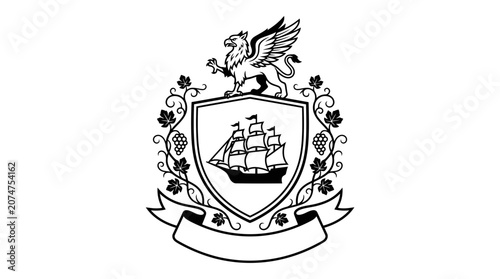 Griffin and ship heraldic crest with laurel wreath.
