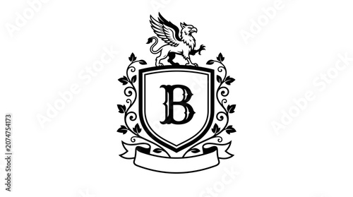 Griffin crest with letter B and floral wreath.