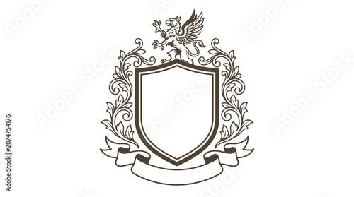 Griffin crest with shield and ornate floral border.