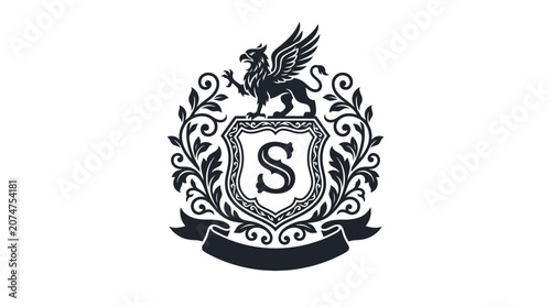 Griffin heraldic crest with letter S and floral scrolls