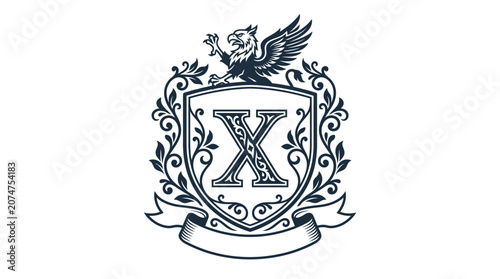 Griffin heraldic crest with letter X and floral patterns.
