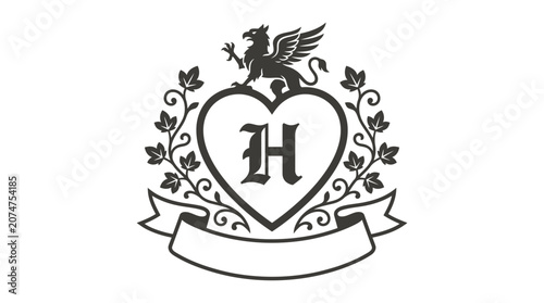 Griffin heart floral emblem with letter H.