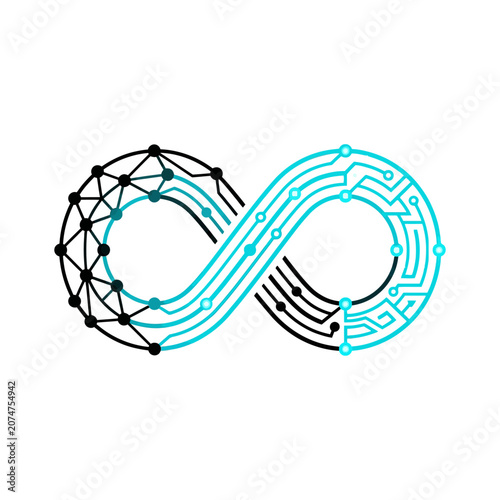 A digital infinity symbol featuring complex circuit board patterns and network nodes