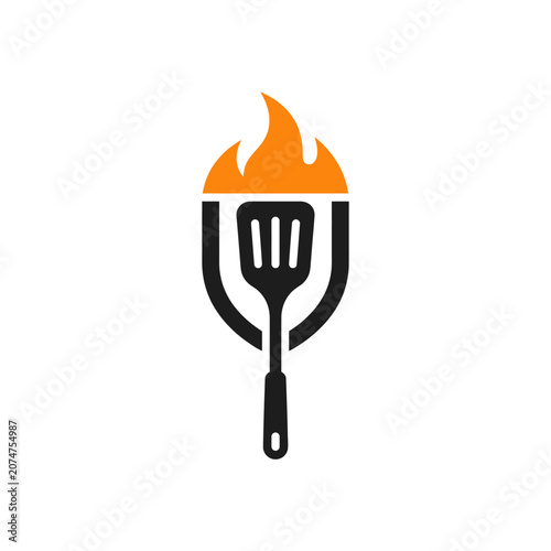 A minimalist graphic icon featuring a kitchen spatula and a stylized flame symbol