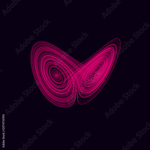 Vibrant magenta lorenz attractor, elegant chaotic line curves forming a butterfly structure representing complex mathematical systems
