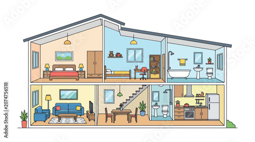 Cross-section of a modern house showing multiple rooms and furniture