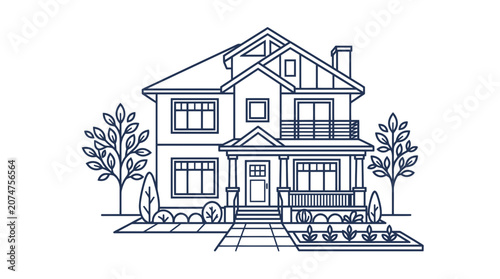 Foto Modern Suburban House Illustration with Trees and Garden