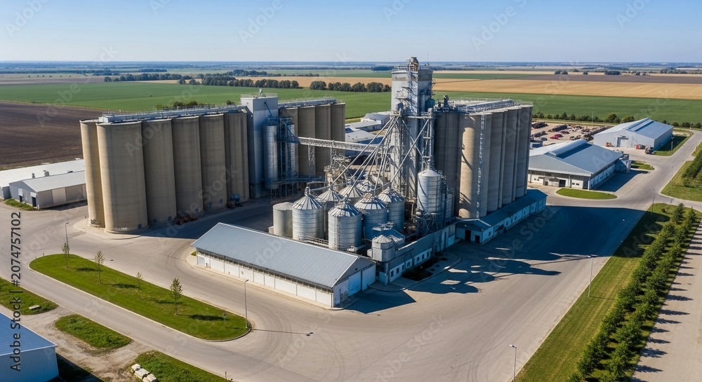 Obraz premium Vast agricultural grain storage facility with silos and industrial buildings in a rural landscape under a clear blue sky