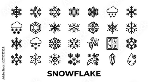 Black line snowflake and winter nature icons.
