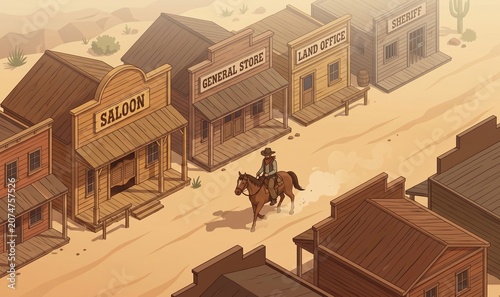 Wild West Cowboy Riding Town Isometric